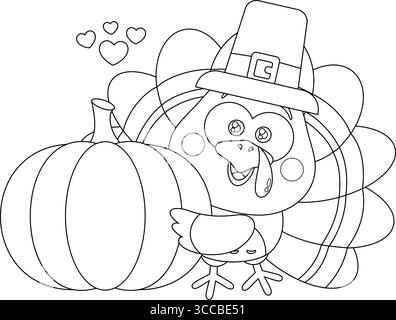 Esquissé Cute Baby Turkey Bird Cartoon personnage tenant Une citrouille. Illustration vectorielle dessinée à la main isolée sur fond transparent Illustration de Vecteur