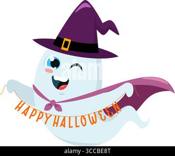 Mignon Halloween Ghost Cartoon personnage voler avec Un chapeau de sorcière et signer Happy Halloween. Illustration vectorielle Flat Design Illustration de Vecteur