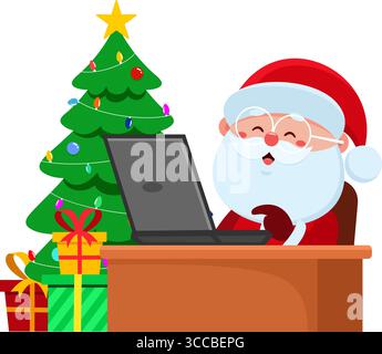 Joli personnage de dessin animé Père Noël assis sur le bureau avec Un ordinateur portable. Illustration vectorielle Flat Design isolé sur fond transparent Illustration de Vecteur