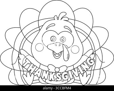 Contour Cute Baby Turkey Bird Cartoon Character Holding Text Thanksgiving. Illustration vectorielle dessinée à la main isolée sur fond transparent Illustration de Vecteur