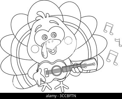 Contour Cute Baby Turkey Bird Cartoon personnage chantant et jouant de la guitare. Illustration vectorielle dessinée à la main isolée sur fond transparent Illustration de Vecteur