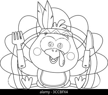 Esquissé le personnage de dessin animé Baby Indian Turkey Bird assis avec un couteau et une fourchette. Illustration vectorielle dessinée à la main isolée sur fond transparent Illustration de Vecteur