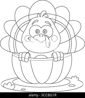 Esquissé Cute Baby Turkey Bird Cartoon personnage dans la citrouille. Illustration vectorielle dessinée à la main isolée sur fond transparent Illustration de Vecteur