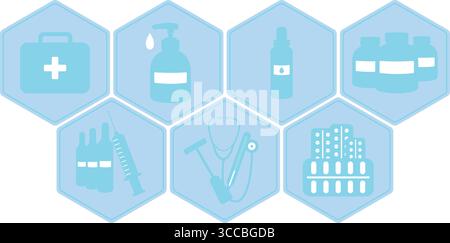 Ensemble d'icônes médicales hexagonales monochromes, badges Silhouette avec trousse de premiers soins, pompe désinfectante, bouteille compte-gouttes, pots de médecine, ampoules et seringue Illustration de Vecteur