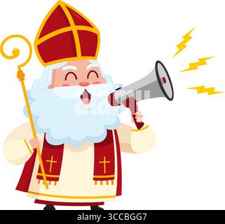 Mignon Saint Nicolas ou Sinterklaas personnage de dessin animé parlant à travers Un mégaphone. Illustration vectorielle Flat Design Illustration de Vecteur