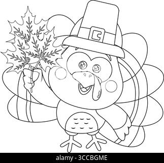 Figurine de dessin animé Baby Turkey Bird esquissée contenant des feuilles d'automne. Illustration vectorielle dessinée à la main isolée sur fond transparent Illustration de Vecteur