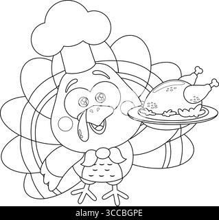 Figurine de bébé oiseau de dinde avec chapeau de chef tenant du poulet rôti. Illustration vectorielle dessinée à la main isolée sur fond transparent Illustration de Vecteur