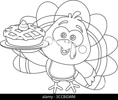 Esquissé contour tracé Cute Baby Turkey Bird Cartoon personnage tenant Perfect Pie Vector illustration dessinée à la main isolé sur fond transparent Illustration de Vecteur