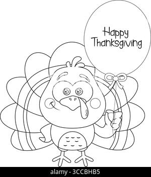 Figurine de dessin animé Baby Turkey Bird esquissée avec ballon et texte Happy Thanksgiving. Illustration vectorielle dessinée à la main Illustration de Vecteur