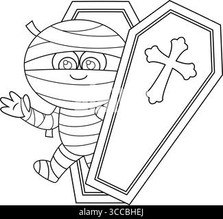 Dessiné mignon personnage de dessin animé d'Halloween Mummy sortant d'Un Coffin. Illustration vectorielle dessinée à la main isolée sur fond transparent Illustration de Vecteur