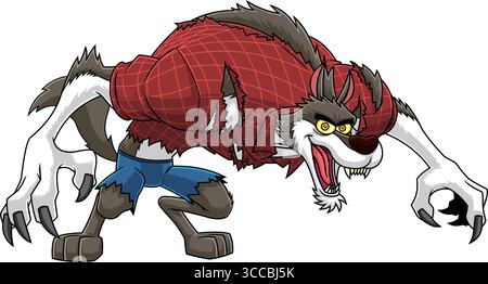 Effrayant Wolfman Werewolf Cartoon personnage. Illustration vectorielle dessinée à la main isolée sur fond transparent Illustration de Vecteur