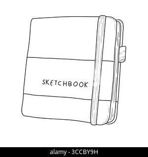 Dessin vectoriel au trait d'un carnet de croquis fermé avec bande élastique. Illustration en noir et blanc dessinée à la main pour l'art, la papeterie, la conception créative et la coloration Illustration de Vecteur