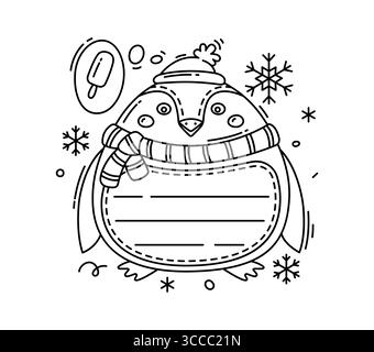 Cadre de note de mémo pour enfants avec animal pingouin mignon drôle portant un chapeau d'hiver et une écharpe, entouré de flocons de neige et popsicle dans la bulle de pensée. Monochrome vectoriel, album linéaire ou modèle de bordure de journal Illustration de Vecteur
