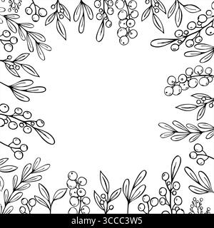 Cadre carré de vecteur de branches décoratives monochromes et de baies avec espace vide pour le texte. Modèle floral minimaliste pour invitations festives Illustration de Vecteur