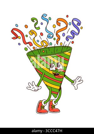 Personnage d'anniversaire groovy de dessin animé dans le chapeau de fête de vacances avec des confettis, emoji vecteur. Chapeau d'anniversaire groovy avec visage drôle idiot, langue bizarre et confettis pour le personnage comique de célébration de fête Illustration de Vecteur