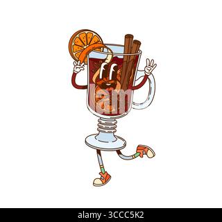 Tasse de boisson au vin chaud caractère groovy rétro. Boisson chaude de la saison de Noël avec cannelle, anis et peau d'orange funky personnage vecteur. Vin chaud boire verre groovy caractère joyeux ou mascotte Illustration de Vecteur