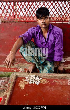 Jeune homme vendant de petits poissons aux visiteurs pour nourrir des tortues dans le complexe Hazrat Shah Jalal mazar à Sylhet, Bangladesh. Banque D'Images