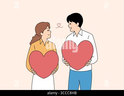 Une belle illustration représentant un couple tenant amoureusement des cœurs ensemble dans l'amour Illustration de Vecteur