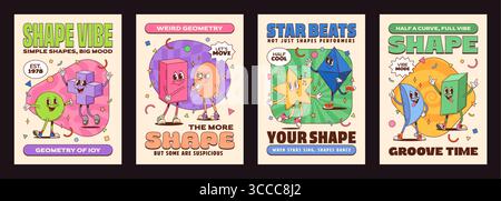 Affiches de personnages groovy en forme de maths. Figurines géométriques de dessins animés rétro comme cube, étoile, sphère, croix et prisme dansant et exprimant des émotions avec des slogans ludiques, créant une ambiance funky et nostalgique pour l'an 2000 Illustration de Vecteur