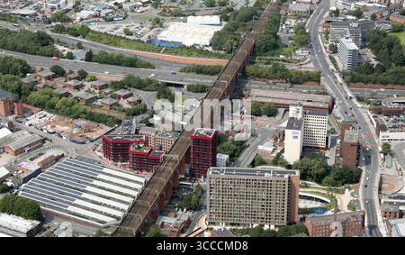 Vue aérienne du centre-ville de Stockport montrant la zone juste à l'ouest du viaduc de Stockport, Greater Manchester Banque D'Images