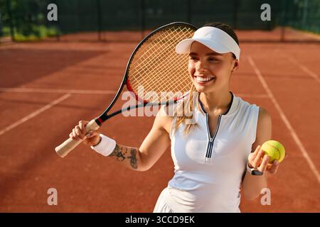 Portrait d'une femme sportive heureuse tenant une raquette de tennis et une balle sur un court de terre battue. Concept : mode de vie sportif, positivité, énergie, confiance, femme active Banque D'Images