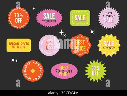 Solde ensemble d'autocollants du vendredi fou. Étiquettes promo à la mode, patchs, timbres pour le shopping. De grosses remises Illustration de Vecteur