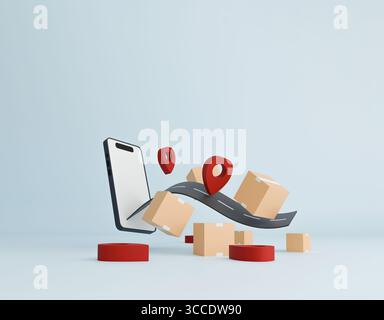 Rendu 3D du service de livraison de smartphone avec colis, route, et PIN de localisation pour l'expédition express et le concept d'achat en ligne Banque D'Images