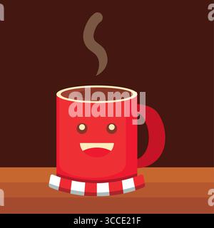 Mug rouge avec visage souriant et foulard rayé rempli de boisson chaude fumante. Illustration vectorielle Illustration de Vecteur