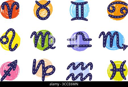 Signes du zodiaque. Symboles du zodiaque mystiques dans un style tendance. Astronomie céleste, horoscope signe doodle éléments. Ensemble de vecteurs néotériques décoratifs isolés Illustration de Vecteur