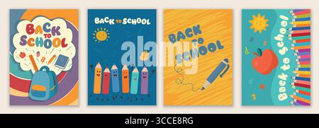 Ensemble coloré d'affiches de retour à l'école avec de mignons personnages de crayon et des éléments joyeux de la salle de classe Illustration de Vecteur