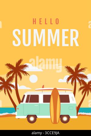 Mini van rétro avec une planche de surf sur l'illustration vectorielle de plage tropicale. Paysage balnéaire d'été avec fond de conception de palmiers. Couverture de livre, art mural Illustration de Vecteur