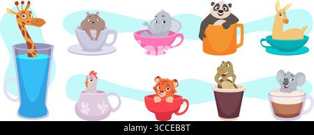 Animaux dans la tasse. Animaux de bande dessinée assis dans des tasses à thé vecteurs exacts personnages mignons Illustration de Vecteur