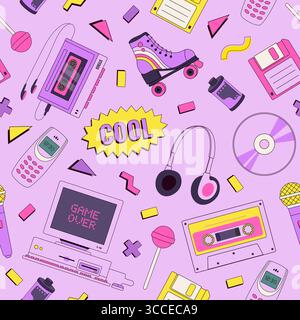 Modèle sans couture de style rétro avec des éléments d'articles des années 90. Nostalgie des années 1990 Imprimé pop art. Vieux pc, rouleau, cassette, lecteur audio, musique, disque Illustration de Vecteur