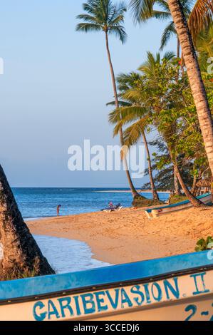 27 juillet 2009, Samana, République dominicaine : bateaux de touristes et pêcheurs à Las Terrenas plage, Samana, République Dominicaine, Caraïbes, Amérique. Plage tropicale des Caraïbes avec des cocotiers... cette plage de sable blanc s'étend dans le centre de la ville, située entre Playa Punta Popy et Playa Las Ballenas, essentiellement une partie de la même plage de cinq kilomètres qui accueille ceux qui arrivent dans la ville de rêve de Las Terrenas. Vous verrez des canoës de pêche dans certaines parties, ainsi que plusieurs bars, hôtels et promenades en bord de mer pour ceux qui veulent marcher le long de la plage sans toucher l'eau. Le BE Banque D'Images