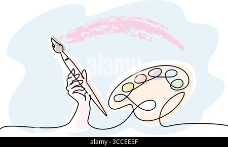 Artistes main tient pinceau et palette avec des peintures à proximité. Concept de créativité des artistes. Illustration de Vecteur