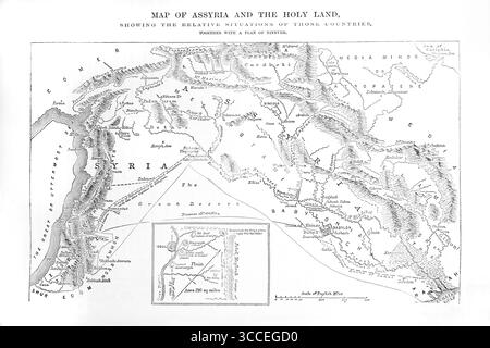 Carte de l'Assyrie et de la Terre Sainte montrant les situations relatives de ces pays et un plan de Ninive (Osée) de l'ancien 19ème siècle le Saint B. Banque D'Images