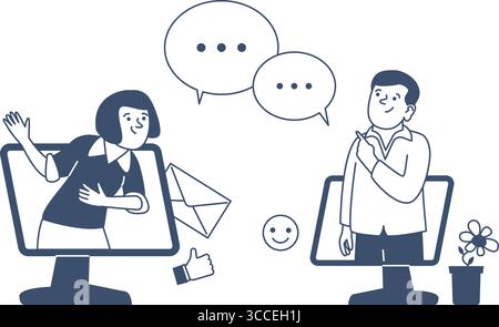 Communication en ligne avec les personnes. Appel vidéo personnel ou professionnel. Homme et femme parlant via internet, relation numérique moderne, dialogue vecteur récent Illustration de Vecteur
