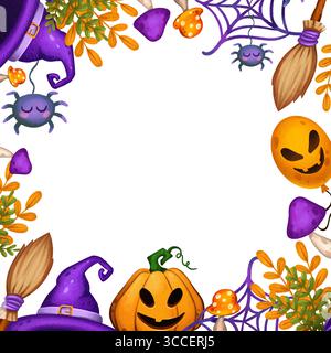Cadre carré pour Halloween. Illustration dessinée à la main dans le style aquarelle. Chapeau de sorcière, lanternes de citrouille, araignées drôles. Convient pour la décoration de vacances, Banque D'Images