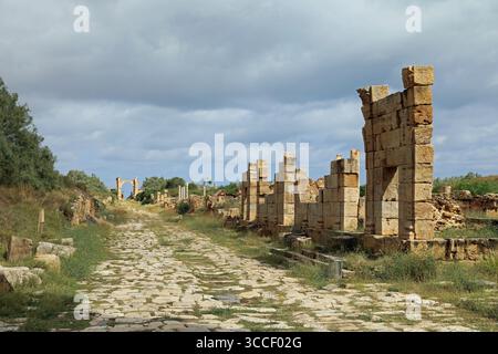 Voie romaine menant à l'Arc de Trajan à Leptis Magna en Libye Banque D'Images