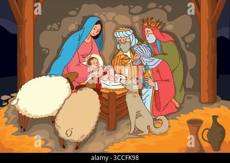 Une scène de la Nativité magnifiquement conçue représentant Marie, Joseph et les Sages réunis Illustration de Vecteur