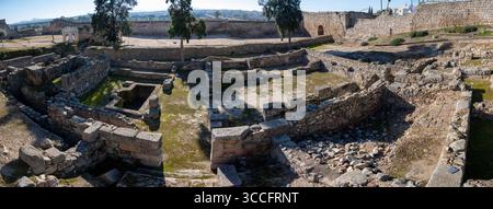 Vue panoramique sur les ruines de pierre antiques de l'Alcazaba de Mérida avec des arbres et des murs lointains. Banque D'Images