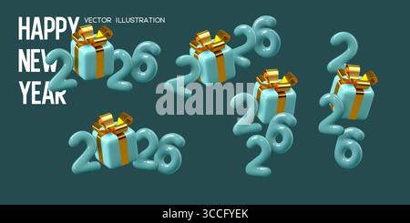 Ensemble de 2026 numéros du nouvel an avec boîte cadeau. Illustration de Vecteur