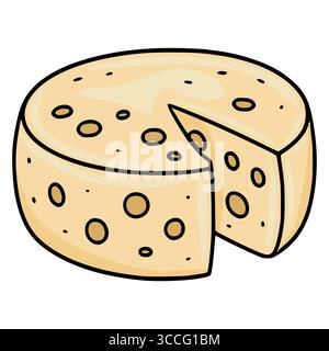 Illustration vectorielle fantaisiste d'une meule de fromage Maasdam ronde avec une tranche enlevée, présentant un style caricatural avec des trous a inégalement répartis Illustration de Vecteur