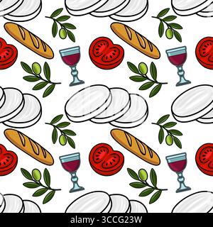 Modèle vectoriel sans couture de la nourriture méditerranéenne : mozzarella, baguette, tomates, olives et vin rouge, conçu dans un style dessiné à la main pour culina Illustration de Vecteur