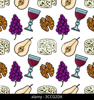 Modèle vectoriel sans couture de la nourriture et du vin gastronomiques : fromage bleu, poires, raisins, noix et verres à vin rouge, illustré dans un style vibrant et dessiné à la main Illustration de Vecteur