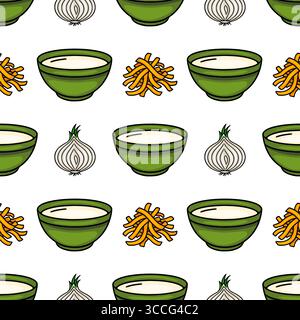 Motif vectoriel sans couture de bols verts dessinés à la main avec de la soupe crémeuse, des bâtonnets de fromage à l'orange et des bulbes d'ail entiers sur un fond blanc, créant une che Illustration de Vecteur