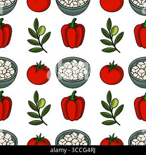 Motif vectoriel sans couture avec tomates rouges vibrantes, poivrons, fromage feta dans des bols et branches d'olivier, créant un Medite frais et appétissant Illustration de Vecteur