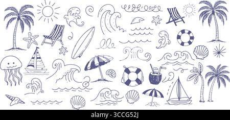 Ensemble vectoriel de Doodle de plage d'été dessiné à la main - mer tropicale, planches de surf, palmiers, vagues et illustrations de soleil pour T-shirts, affiches, autocollants et côte Illustration de Vecteur