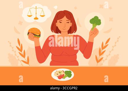 Femme choisissant entre burger et brocoli sain concept d'équilibre alimentaire sain vecteur plat Illustration de Vecteur