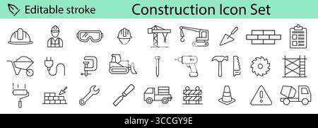 Construction et construction ligne simple collection d'icônes isolées. Vectoriel plat illustration graphique dessin modifiable. Illustration de Vecteur